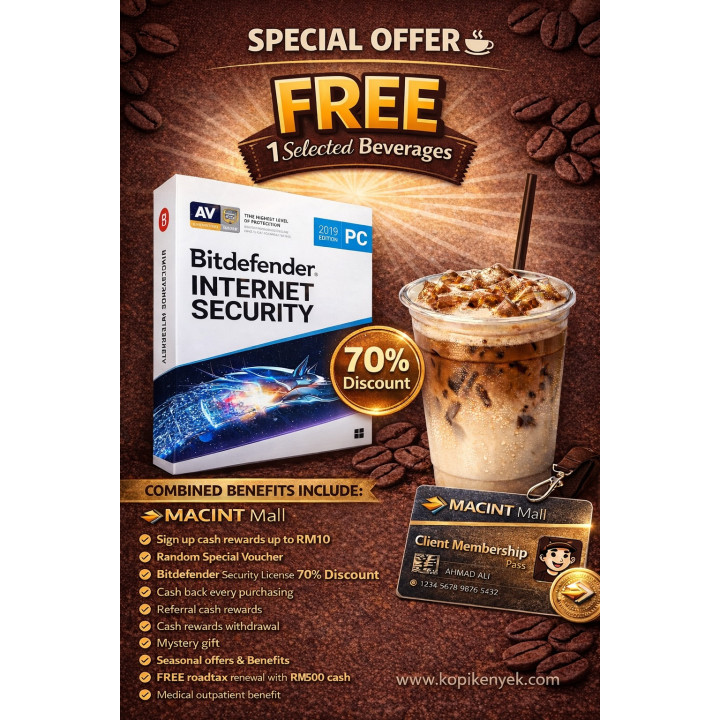 Internet Security Bit Defender 1 user 1 year license with KopiKenyek.com RM5 Per Menu Voucher