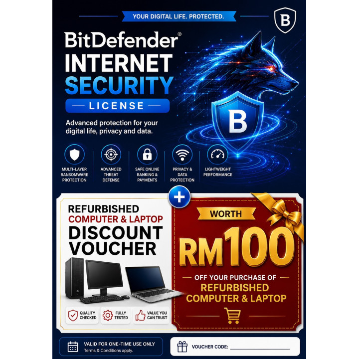 Get BitDefender Internet Security with a FREE RM100 discount voucher for refurbished computers and laptops. Secure your devices